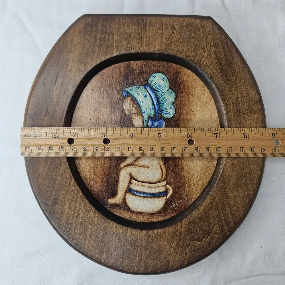 Vtg Peloris Hand Painted Wood Wall Art Child on Potty Bathroom Decor 9 In